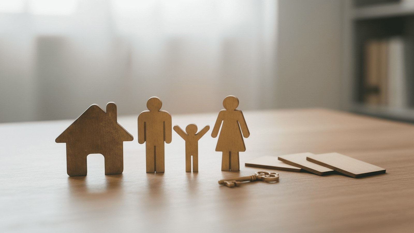 Figuras de una familia y una casa con llaves sobre la mesa